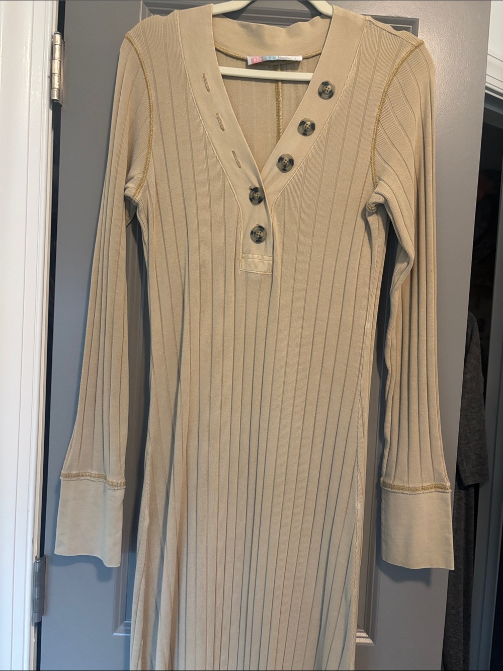 Free People Beige Ribbed Button-Front Maxi Dress